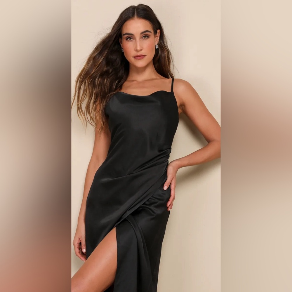 Hollywood Woman Black Satin Midi Dress